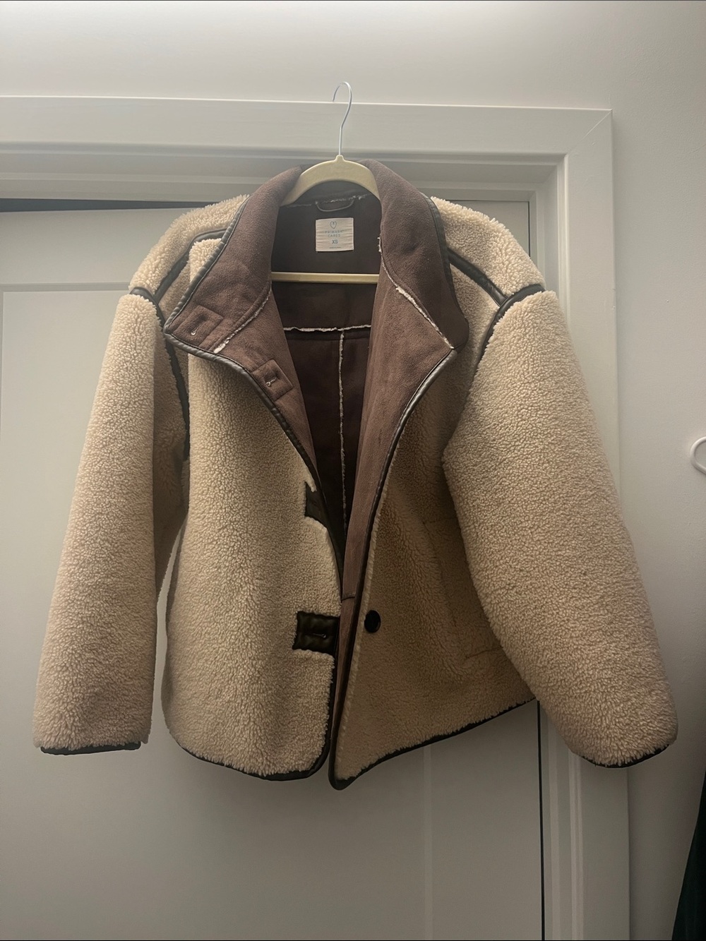 Primark Cream Shearling Jacket with Brown Leather Trim